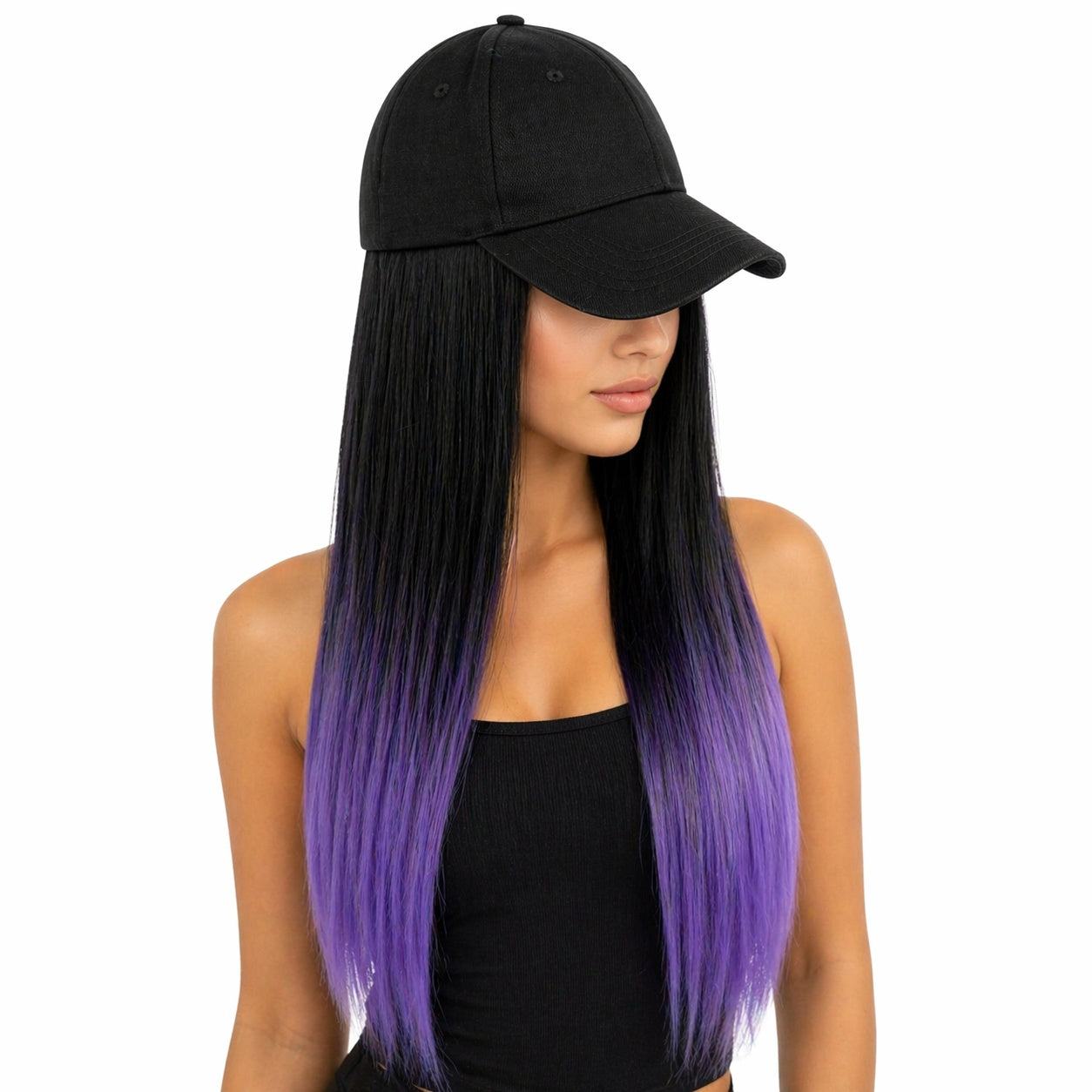Peruca lunga dreapta negru cu ombre mov 50 cm cu sapca neagra