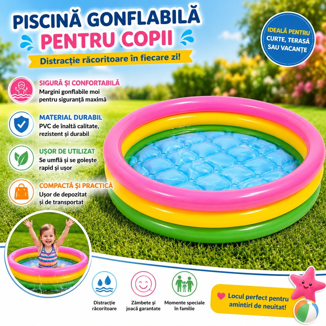 Piscină Gonflabilă pentru Copii 118 cm – Piscină Inflabilă Rotundă din PVC, Multicoloră