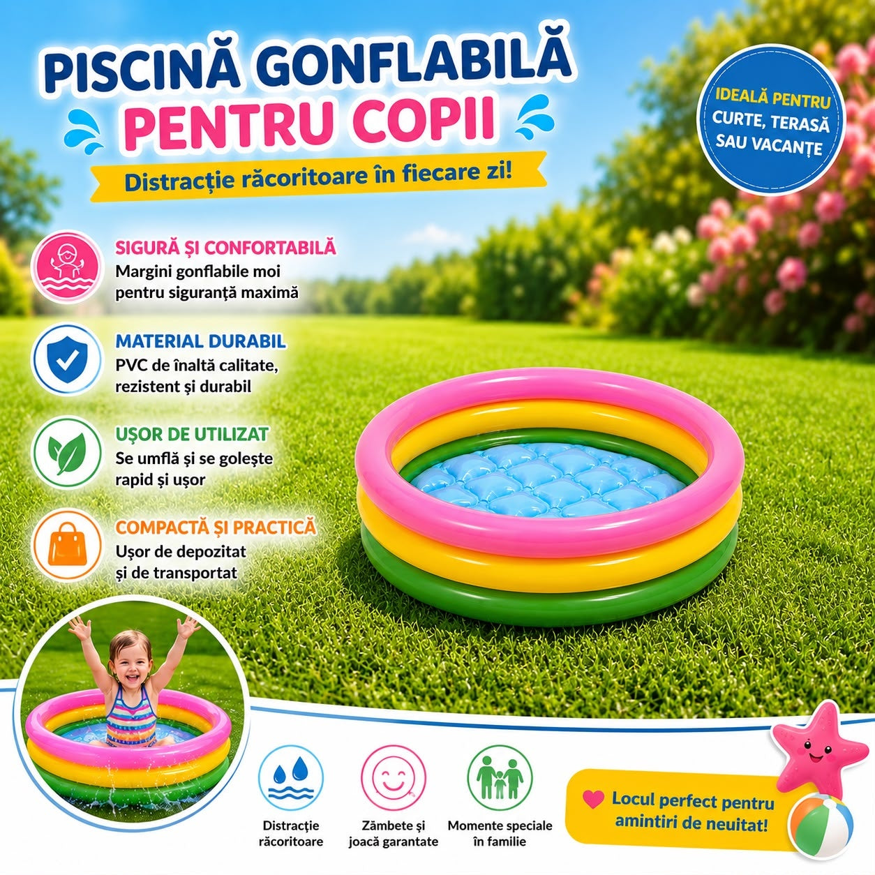 Piscină Gonflabilă pentru Copii 68 cm – Piscină Inflabilă Rotundă Multicoloră, PVC Rezistent