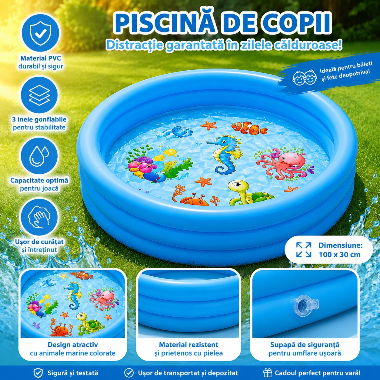 Piscina Gonflabila pentru Copii, Albastra, cu Model Animale Marine, PVC Rezistent