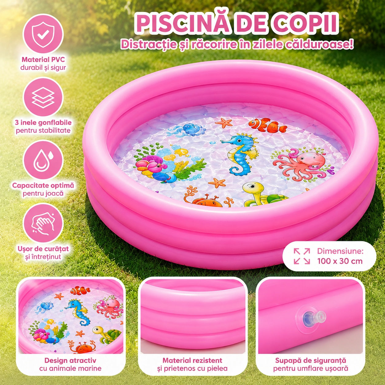 Piscina Gonflabila pentru Copii, Roz, cu Model Animale Marine, PVC Rezistent