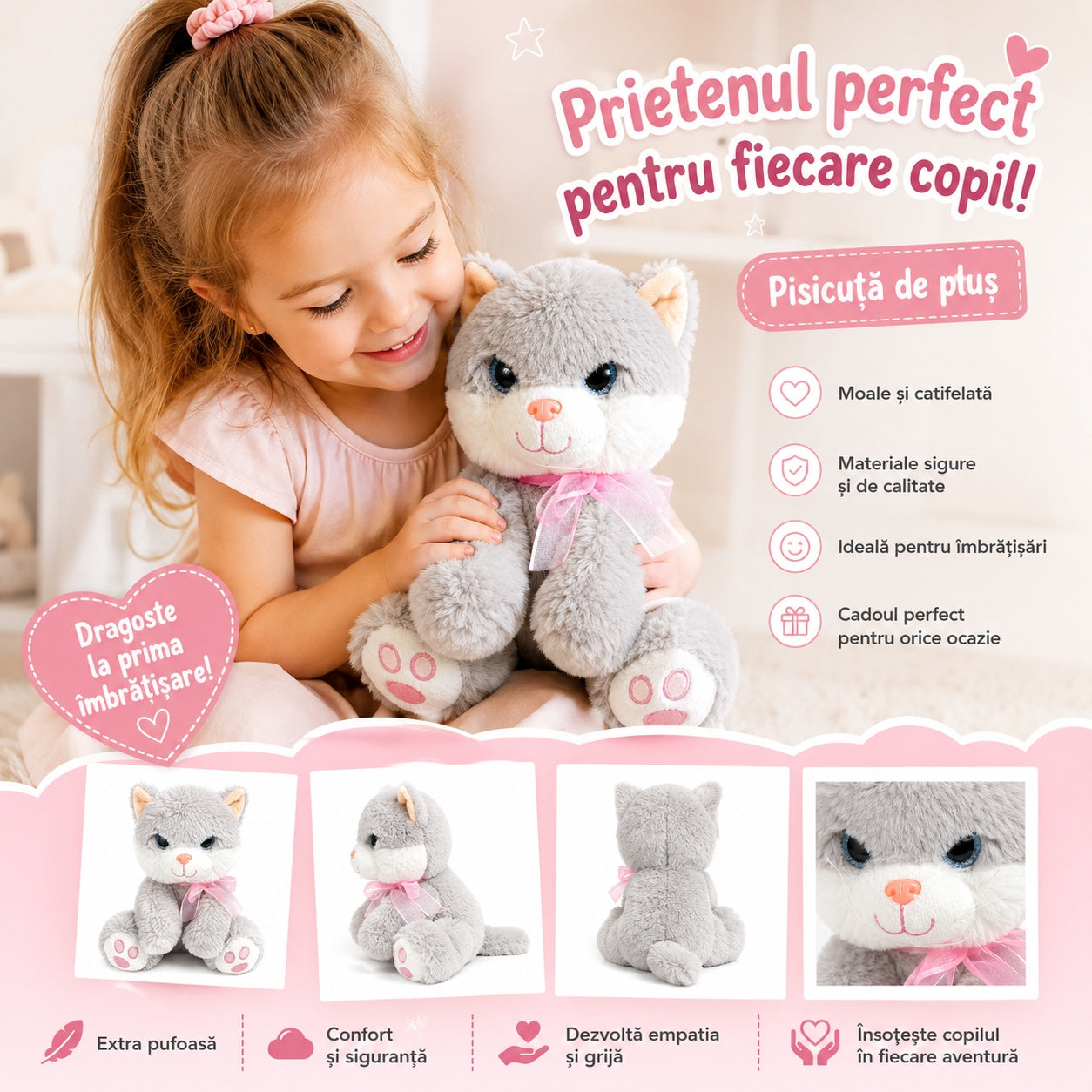 Pisică de Plus Gri 25 cm pentru Copii – Jucărie Moale și Pufoasă din Pluș
