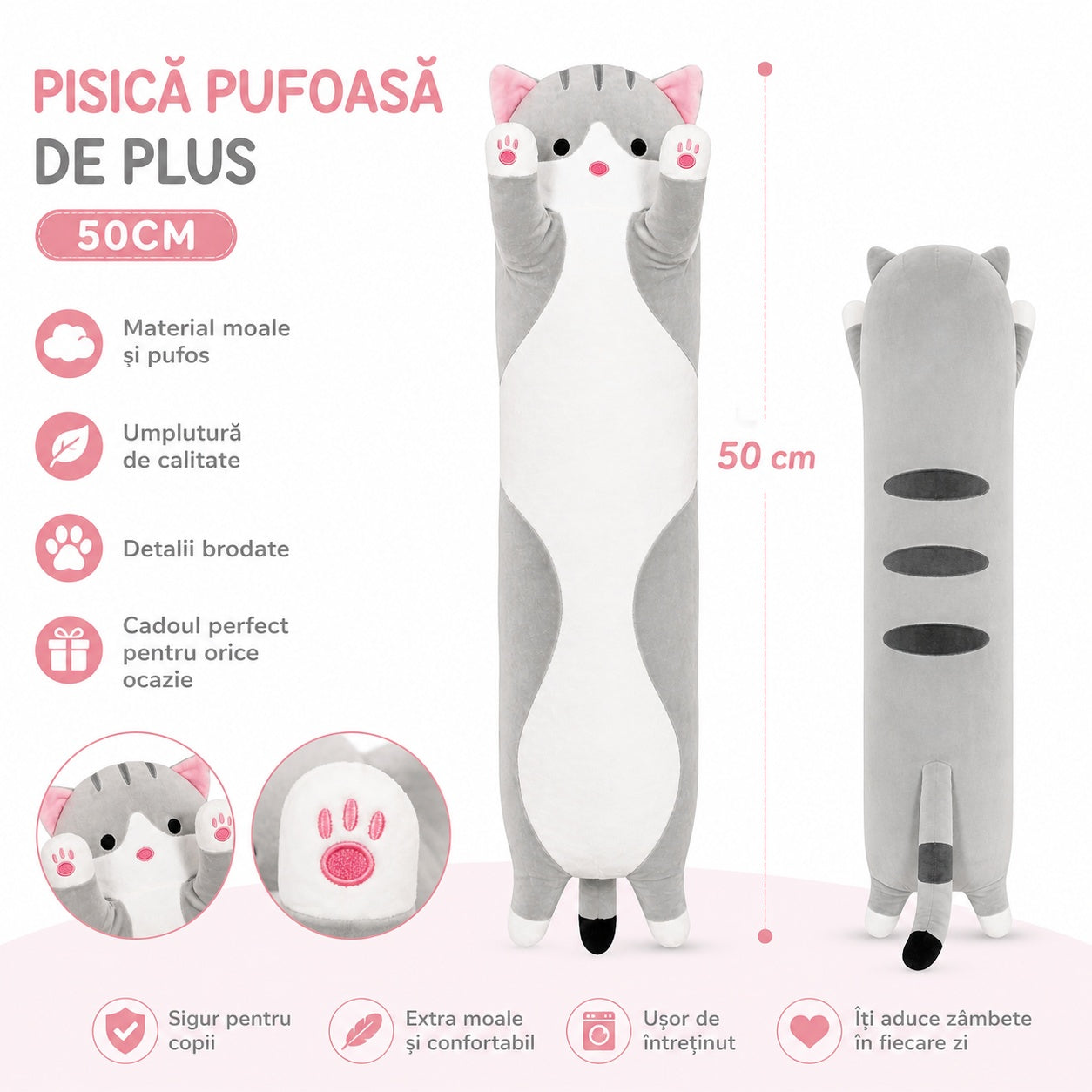 Pisică de pluș gri 50 cm – jucărie moale și pufoasă pentru copii, pernă decorativă