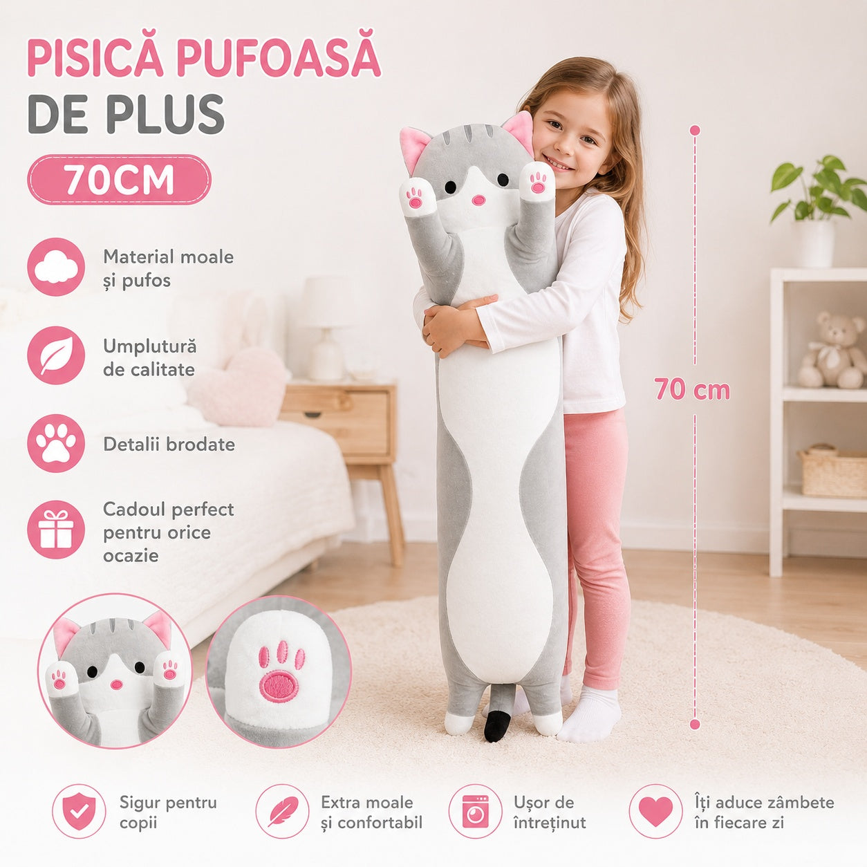 Pisică de pluș gri 70 cm – jucărie moale și pufoasă pentru copii, pernă decorativă