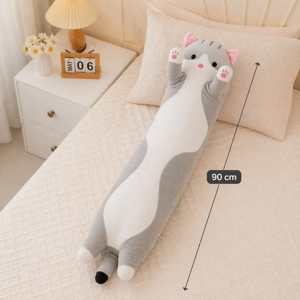 Pisică de pluș gri 90 cm – pernă lungă moale, jucărie XXL pentru copii și decor