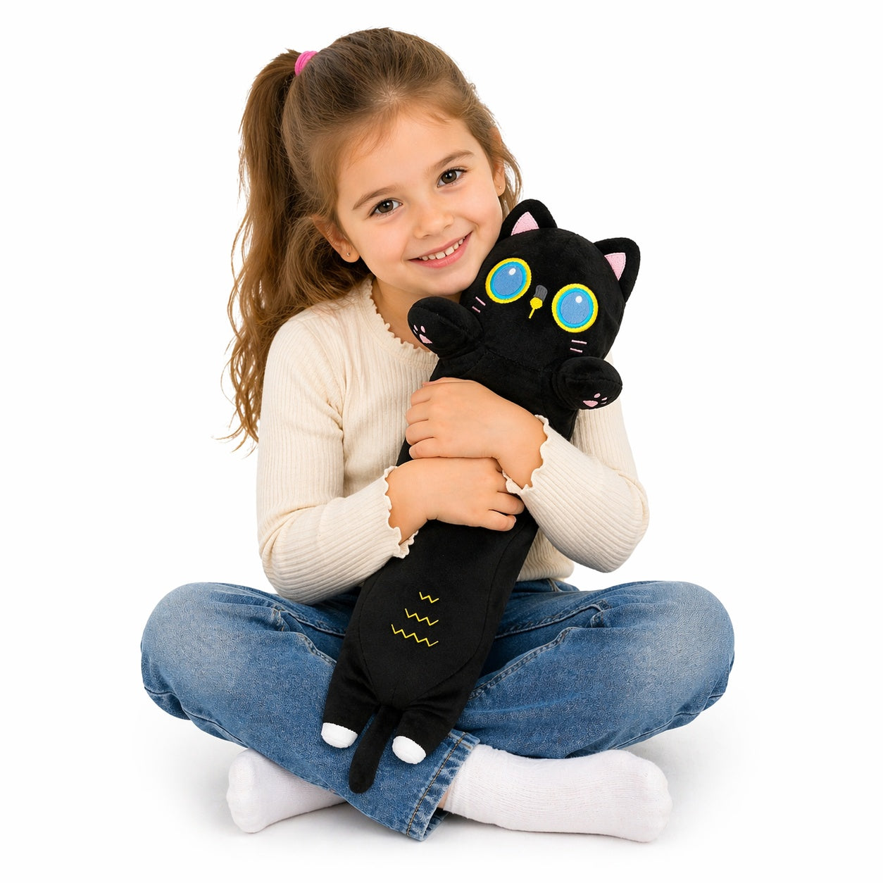 Pisica de plus lunga tip perna 50cm neagra, jucarie moale decorativa copii