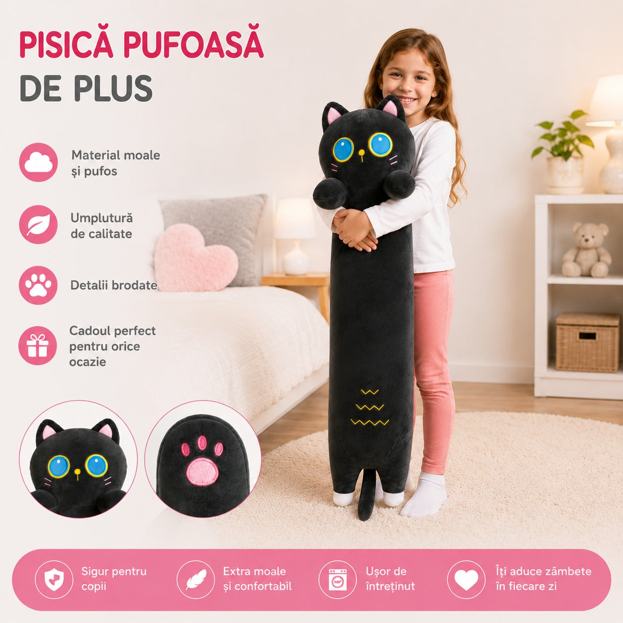 Pisică de pluș neagră 90 cm – jucărie moale și pufoasă pentru copii, pernă decorativă