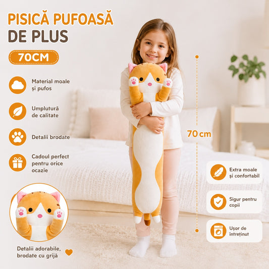 Pisică de pluș portocalie 70 cm – jucărie moale și pufoasă pentru copii, pernă decorativă