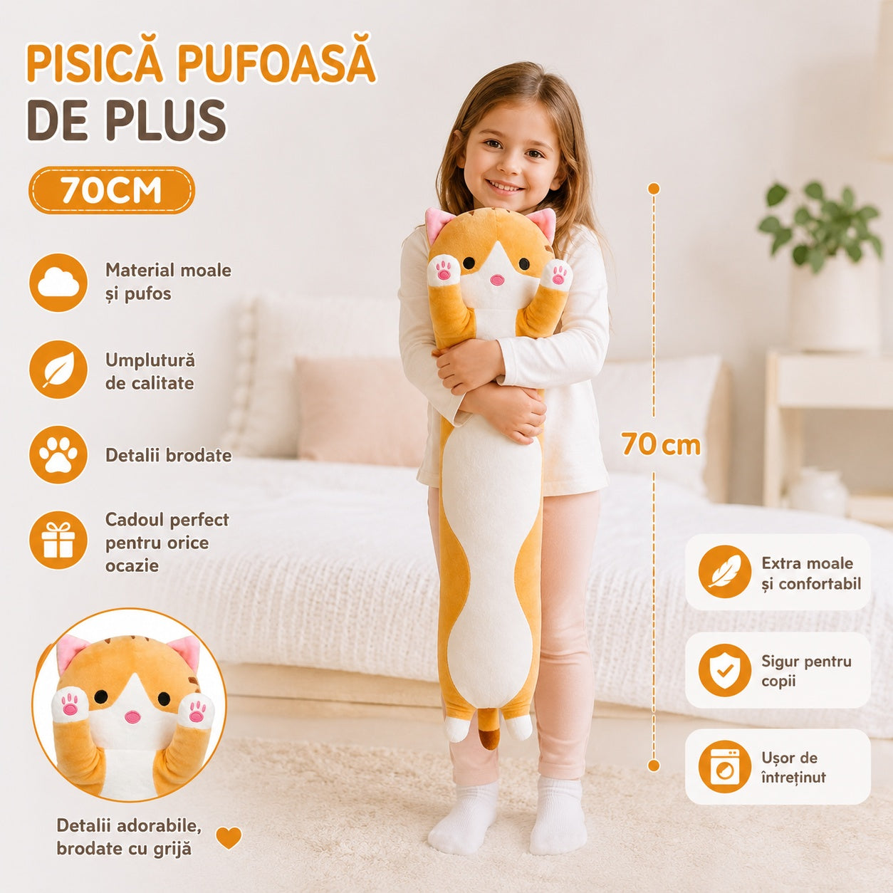 Pisică de pluș portocalie 70 cm – jucărie moale și pufoasă pentru copii, pernă decorativă