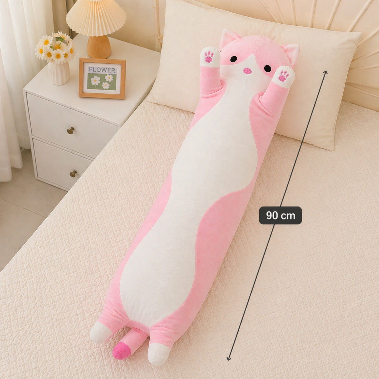 Pisică de pluș roz 90 cm – pernă lungă moale, jucărie XXL pentru copii și decor