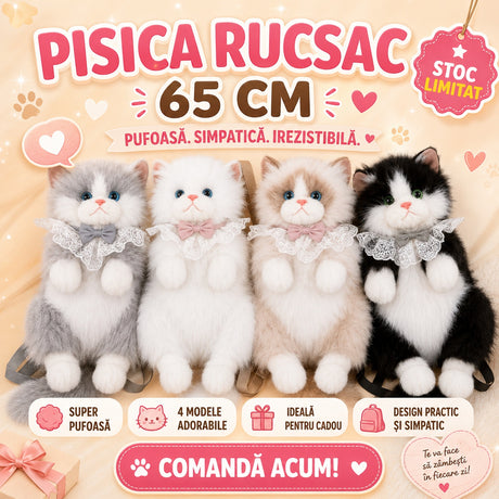 Pisica de Plus Tip Rucsac, 65 cm, Model Pufos cu Guler Elegant, Jucarie Moale pentru Copii