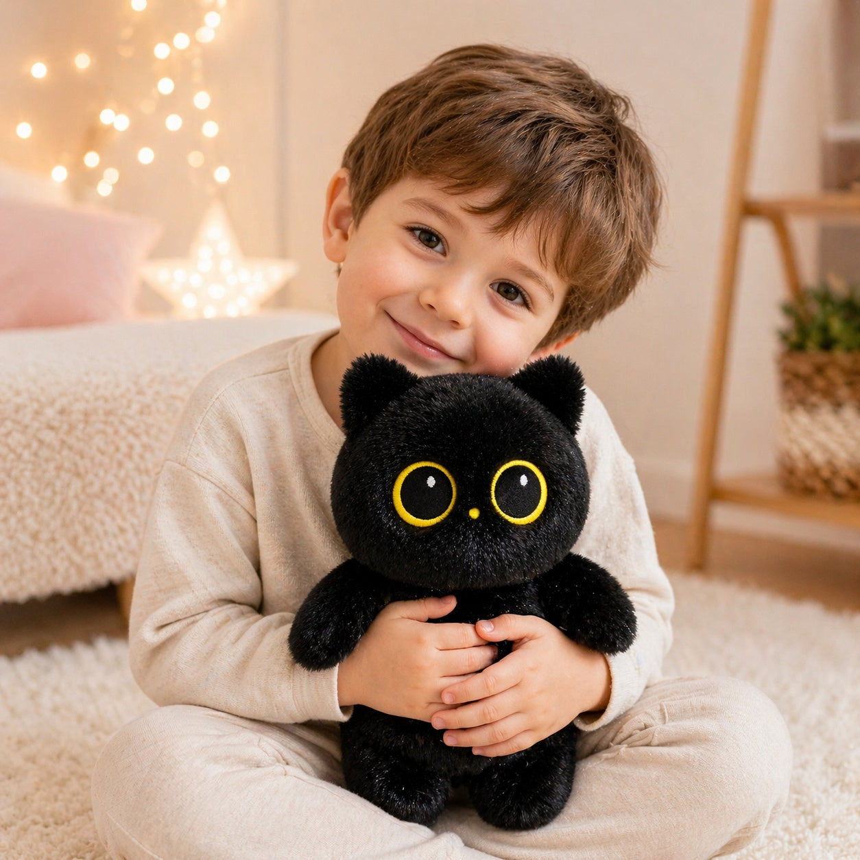 Pisicuta de plus neagra 25cm, jucarie pufoasa cu ochi mari galbeni