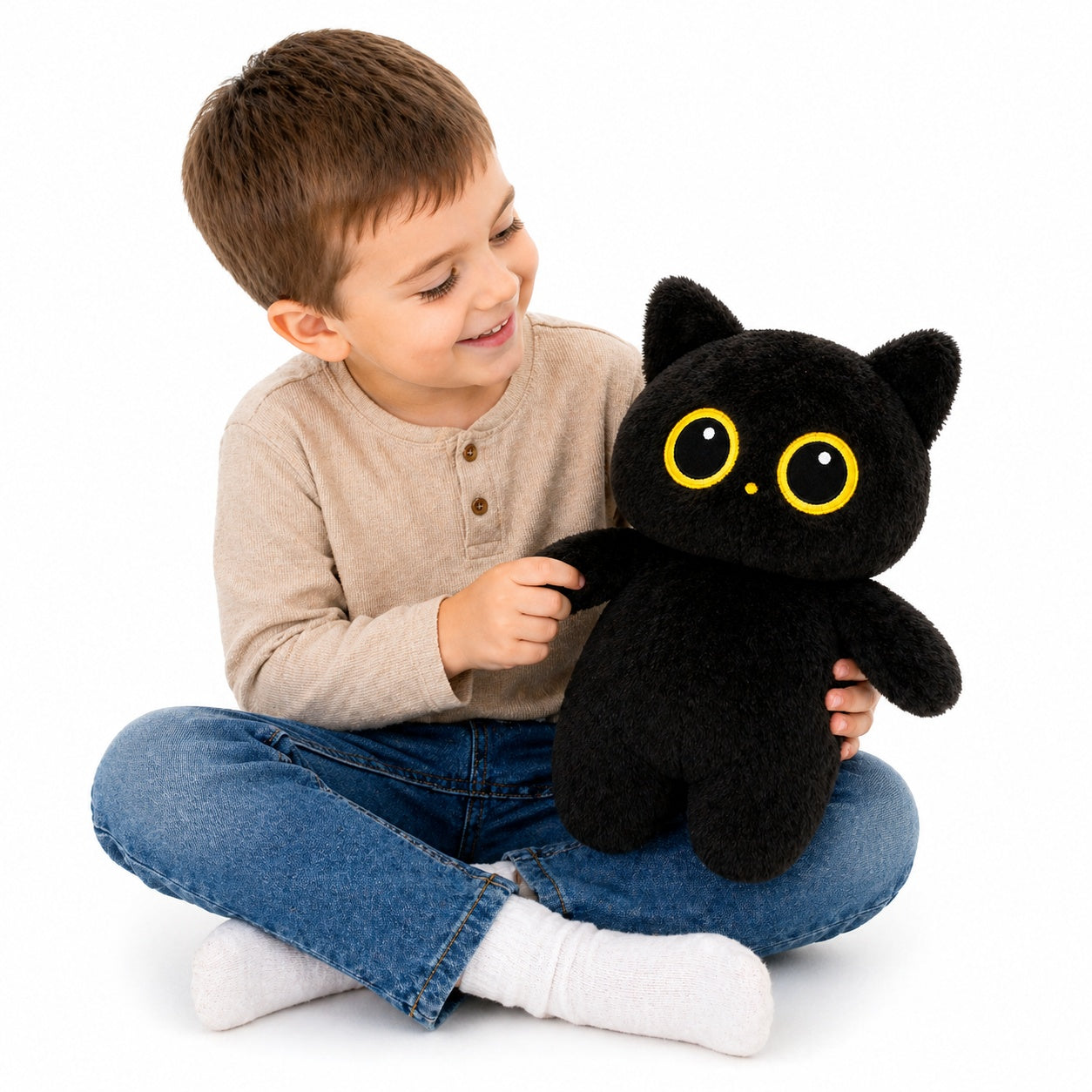 Pisicuta de plus neagra 60cm, jucarie pufoasa cu ochi mari galbeni