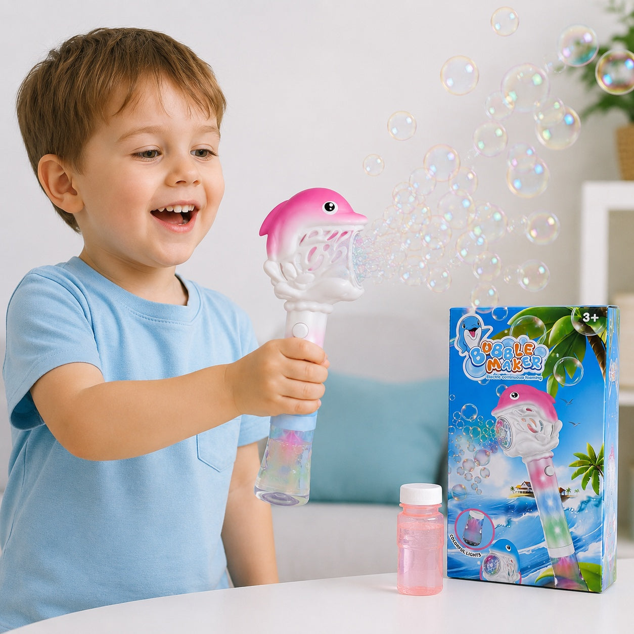 Pistol Automat de Baloane cu Lumini LED Delfin, Roz, 26x13.5 cm