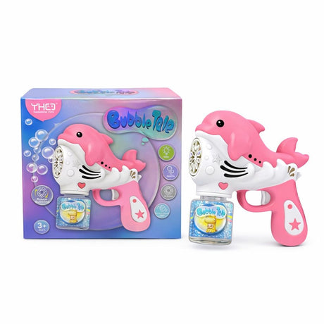 Pistol automat de baloane pentru copii, model delfin, roz, cu lumini si solutie inclusa, 16x17x8 cm