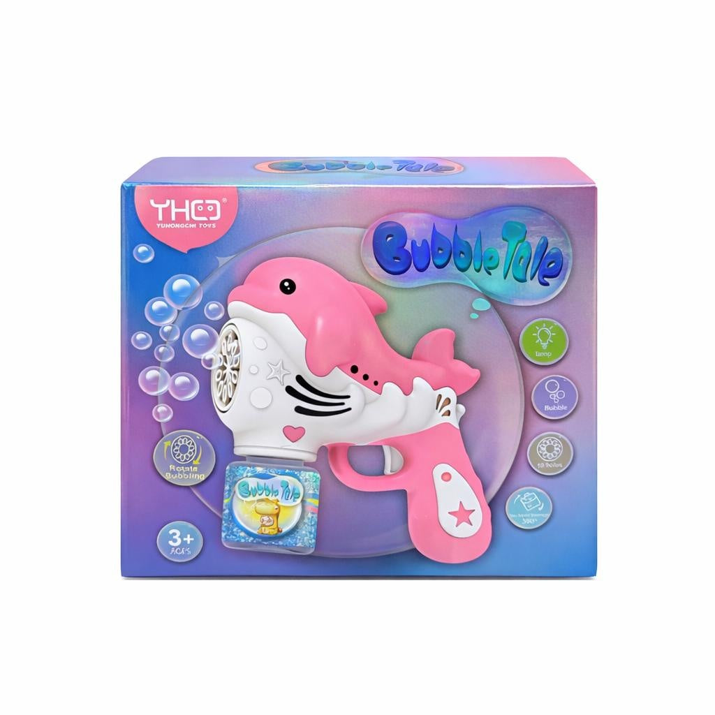 Pistol automat de baloane pentru copii, model delfin, roz, cu lumini si solutie inclusa, 16x17x8 cm