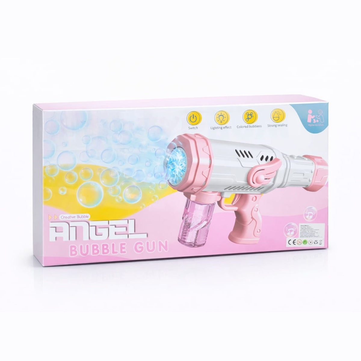 Pistol automat de facut baloane de sapun Angel Bubble Gun cu lumini si muzica, roz