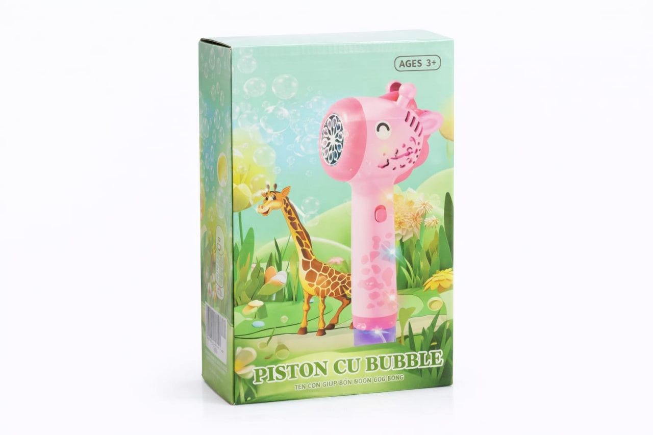 Pistol automat pentru baloane de sapun, model girafa, efecte luminoase, roz