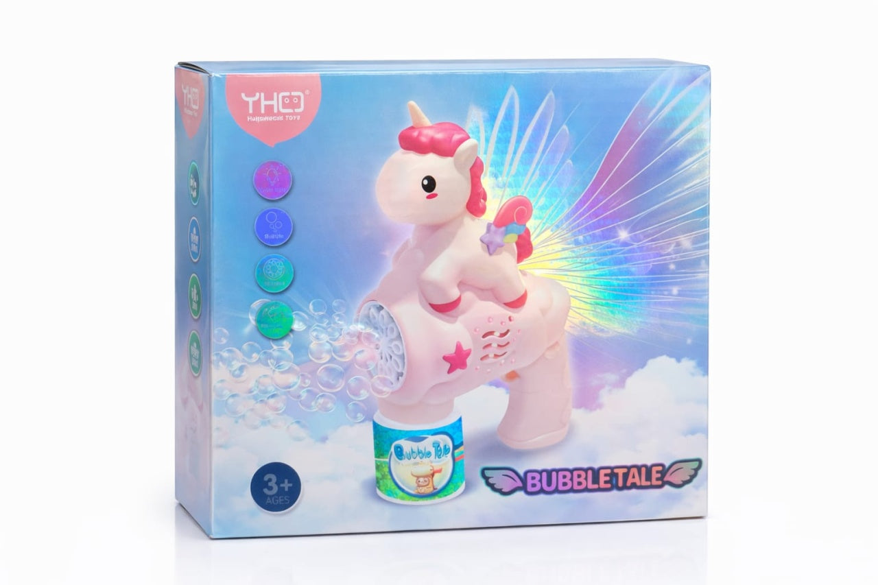 Pistol baloane sapun unicorn cu aripi luminoase LED, jucarie copii