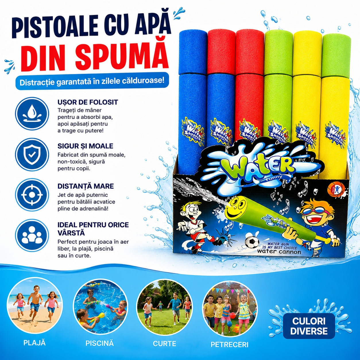 Pistol cu Apă din Burete Tip Water Gun, 42 cm, Multicolor, Model Aleatoriu
