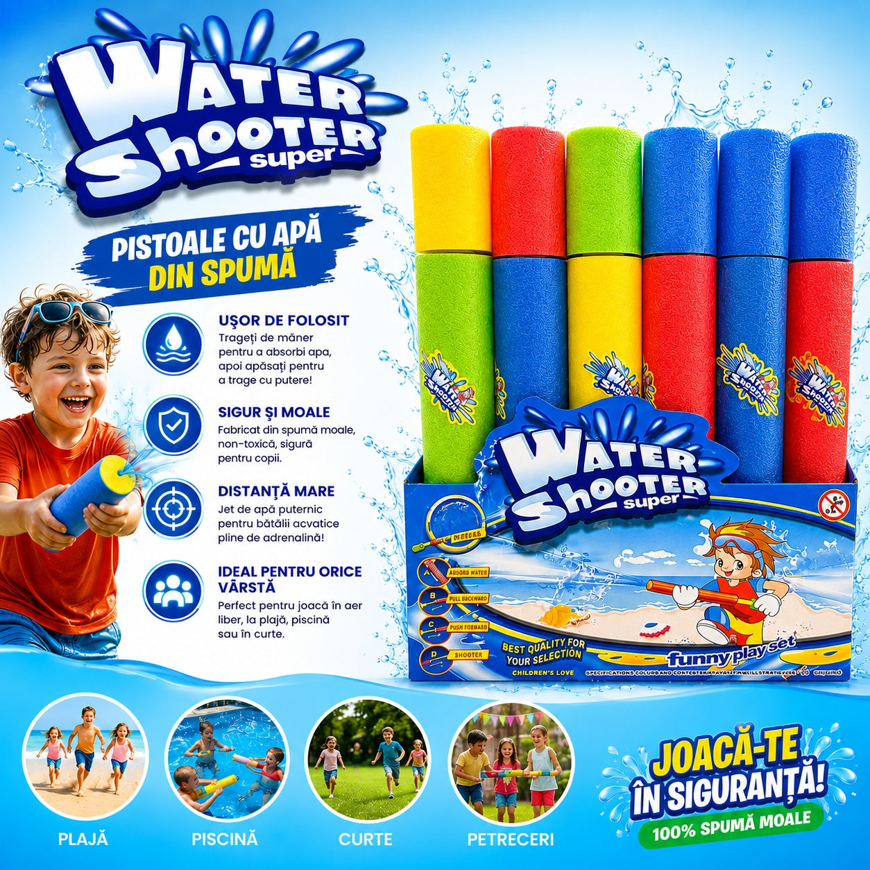 Pistol cu Apă din Burete Tip Water Gun, 42 cm x 6.6 cm, Multicolor, Model Aleatoriu