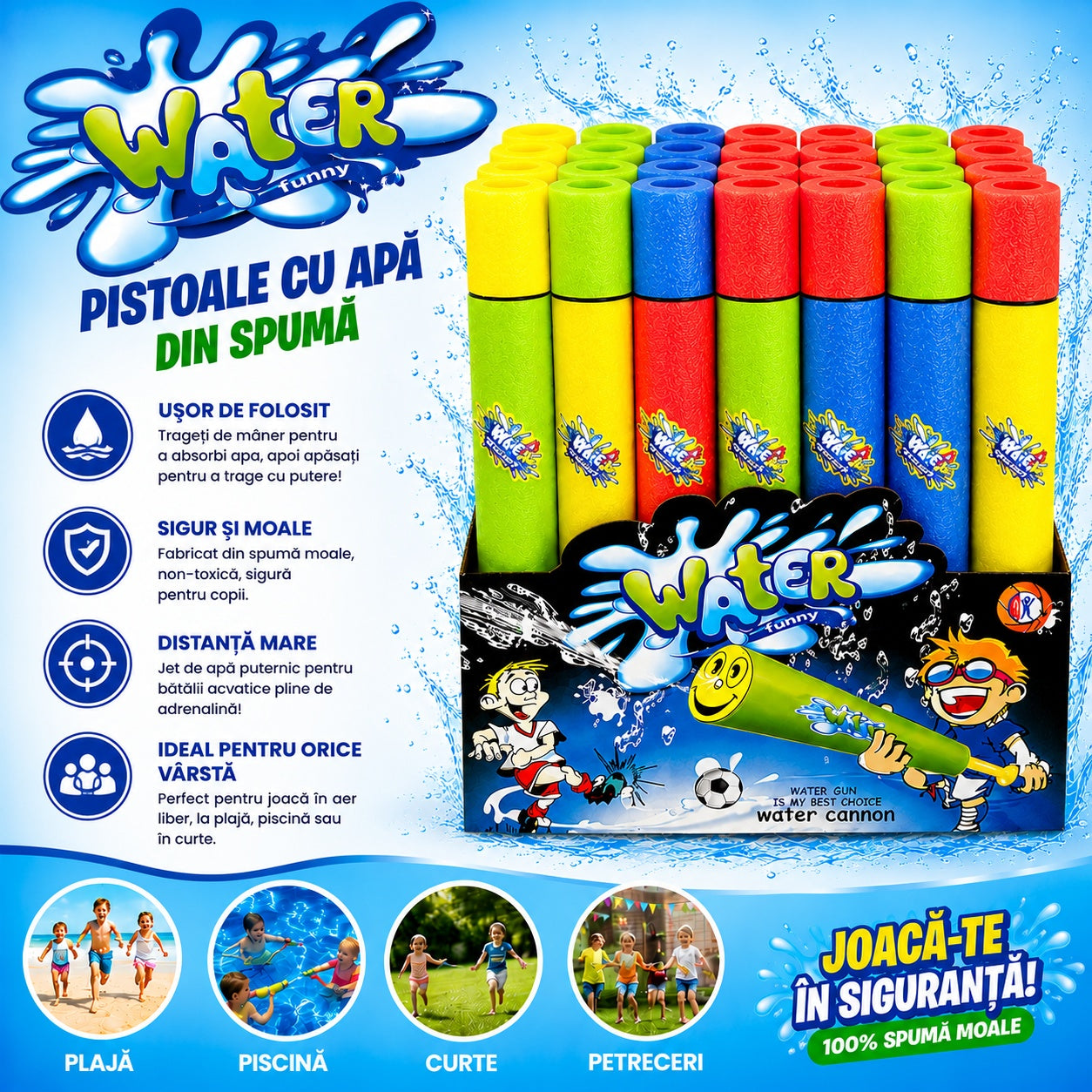 Pistol cu Apă din Burete Water Gun 57 cm, Multicolor, Model Aleatoriu