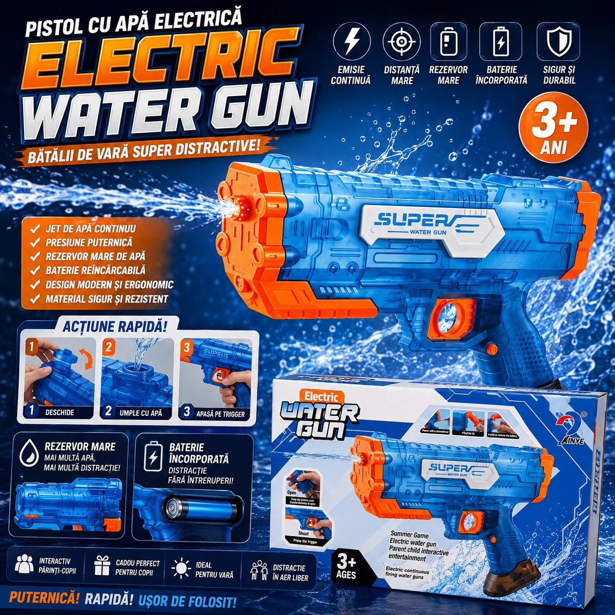 Pistol cu Apă Electric Albastru cu Jet Continuu, Baterie Reîncărcabilă și Rezervor Mare