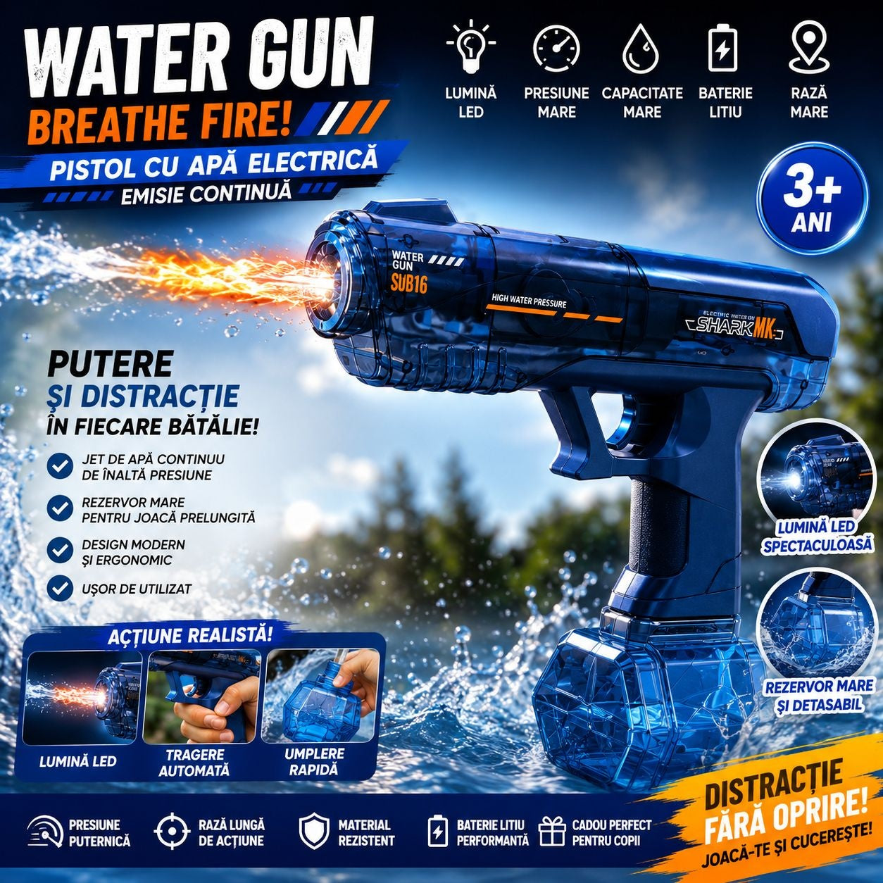 Pistol cu Apă Electric Albastru cu LED, Jet Continuu și Baterie Reîncărcabilă pentru Copii