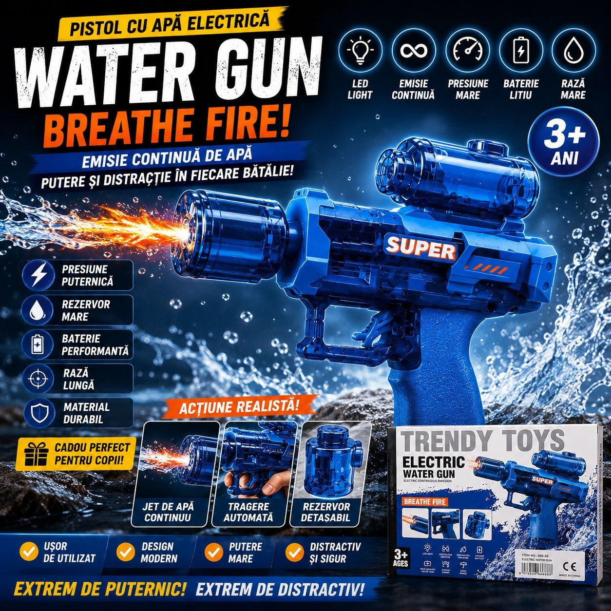 Pistol cu Apă Electric Albastru cu Lunetă, LED, Jet Continuu și Baterie Reîncărcabilă