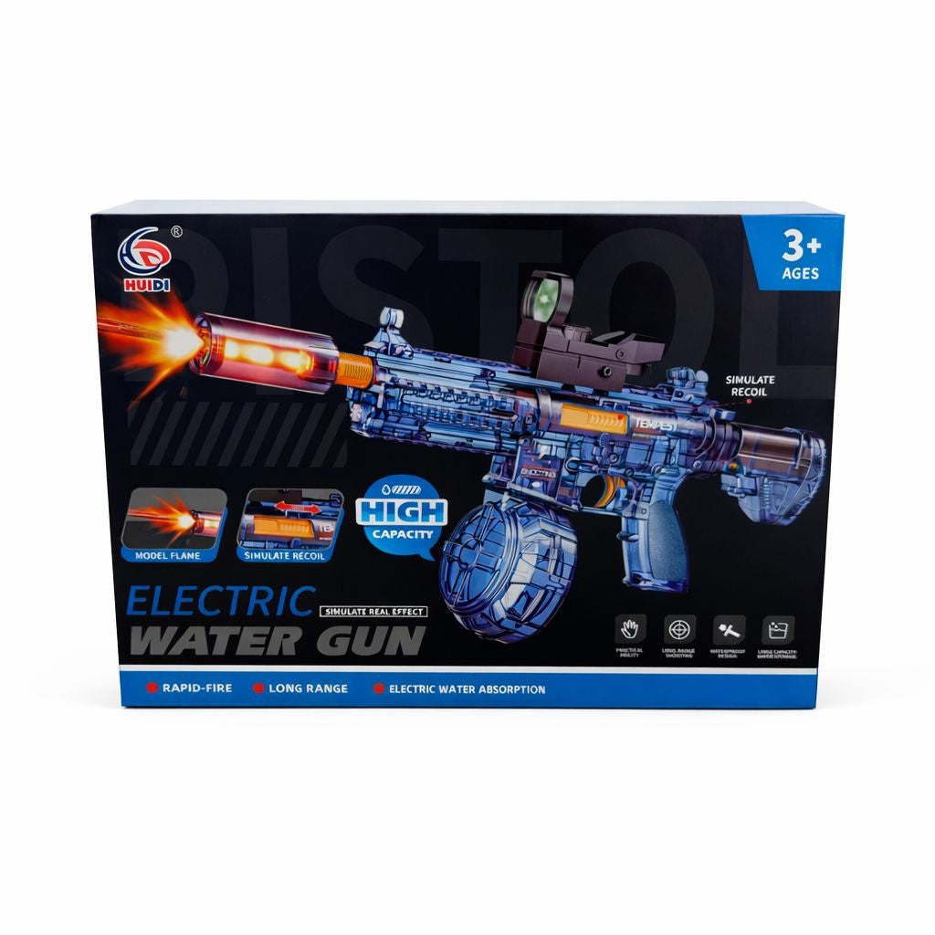 Pistol cu apa electric negru tip rifle, jet continuu, rezervor mare, efecte luminoase