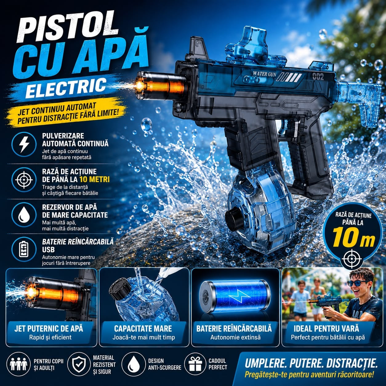 Pistol cu Apă Electric Reîncărcabil USB, Tragere Continuă, 30 cm, Model Aleatoriu