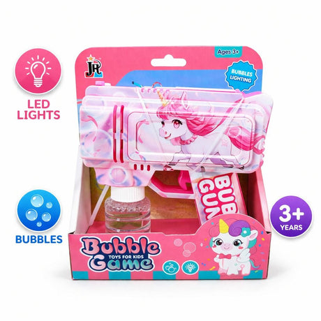 Pistol cu baloane model dragalas cu unicorn, lumini LED, roz, 19,5 cm