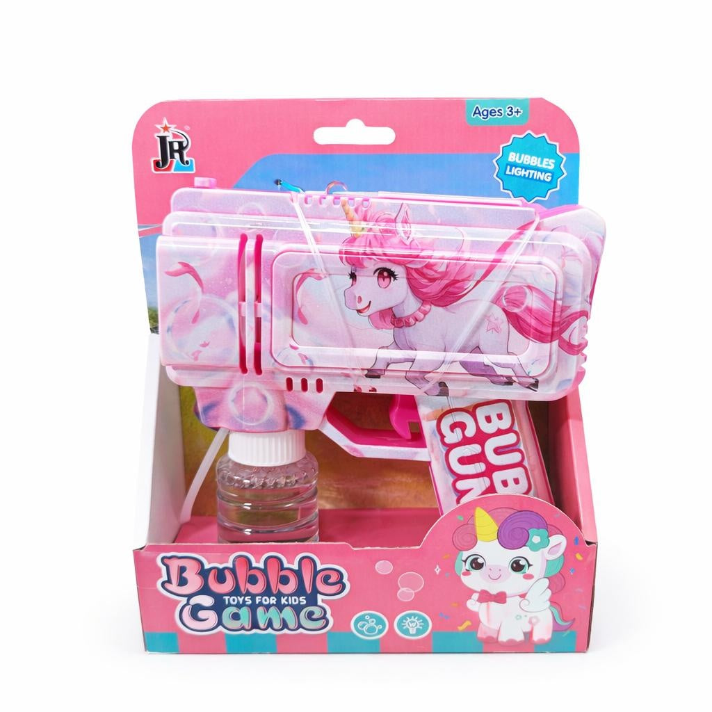 Pistol cu baloane model dragalas cu unicorn, lumini LED, roz, 19,5 cm