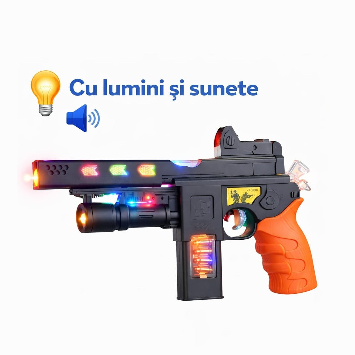 Pistol cu sunete și lumini Fittlewar JQ6805 din plastic pentru copii, 27.5 x 6 x 16.8 cm.