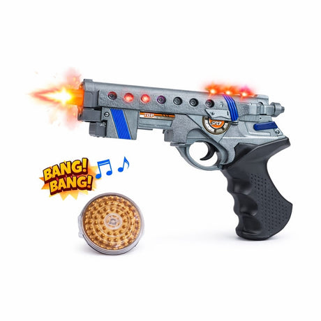 Pistol de jucarie cu lumini si sunete, design modern gri cu albastru