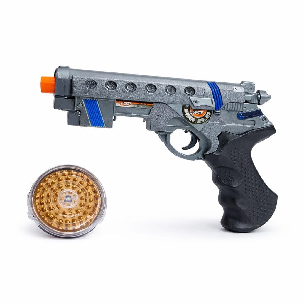 Pistol de jucarie cu lumini si sunete, design modern gri cu albastru