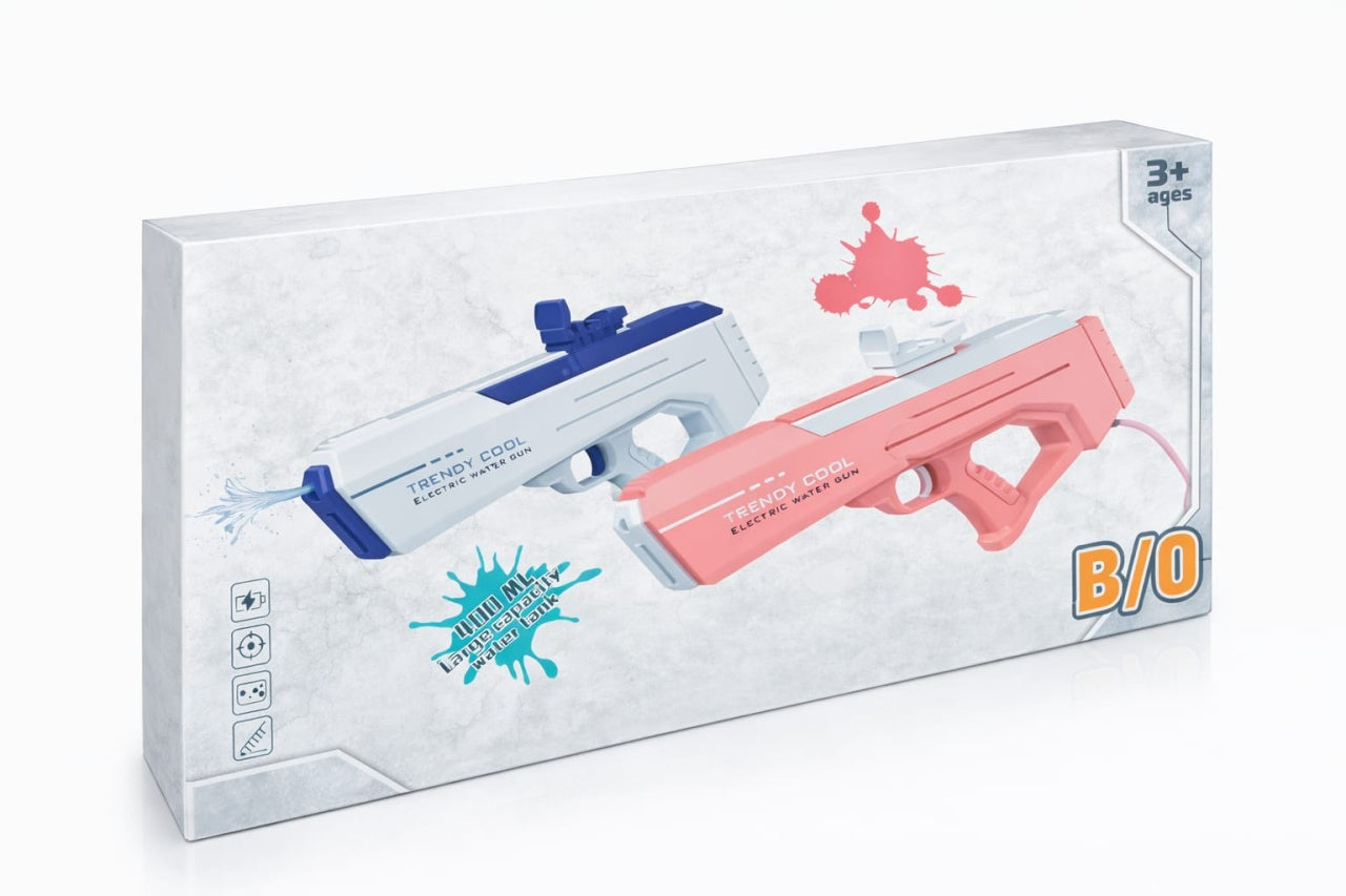Pistol electric cu apa pentru copii, jet automat, rezervor extern 400 ml, baterie reincarcabila, albastru