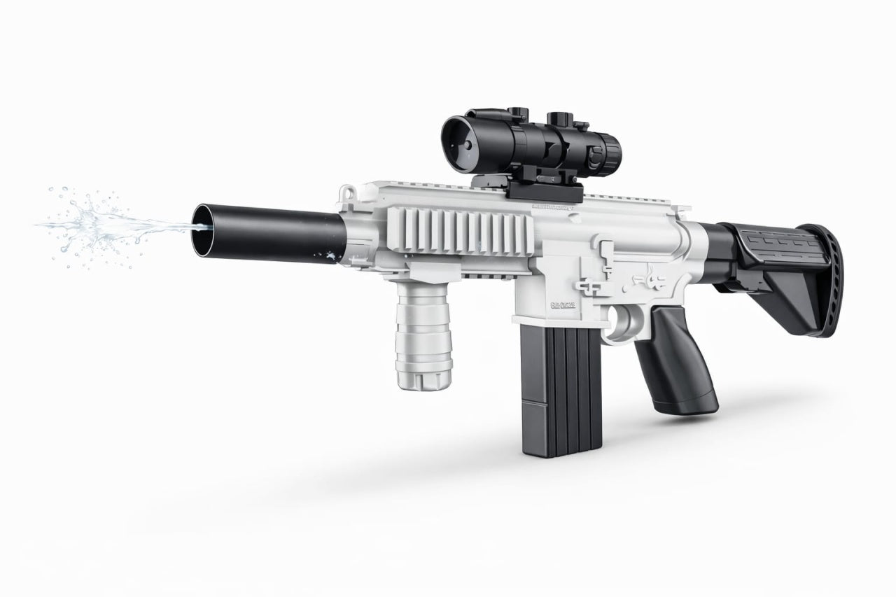 Pistol electric cu apa pentru copii M428, reincarcabil, jet automat, cu luneta si amortizor, alb