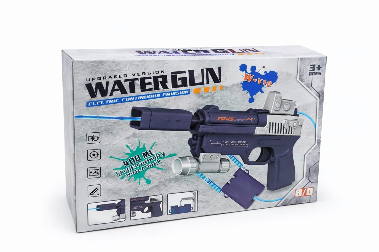 Pistol electric cu apa pentru copii, rezervor rucsac 400ml, jet continuu, Water Gun W-Y10, gri
