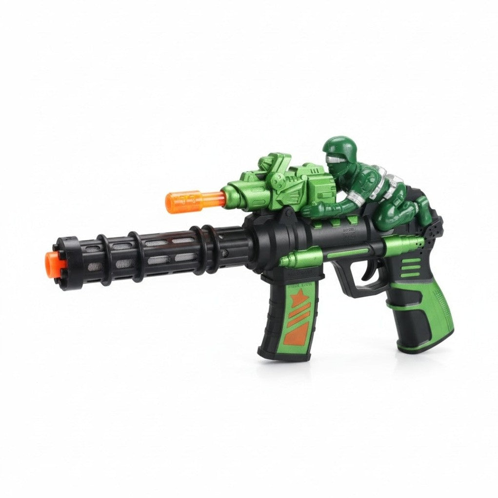 Pistol jucarie 23 cm cu lumini si sunete, model militar cu soldat verde