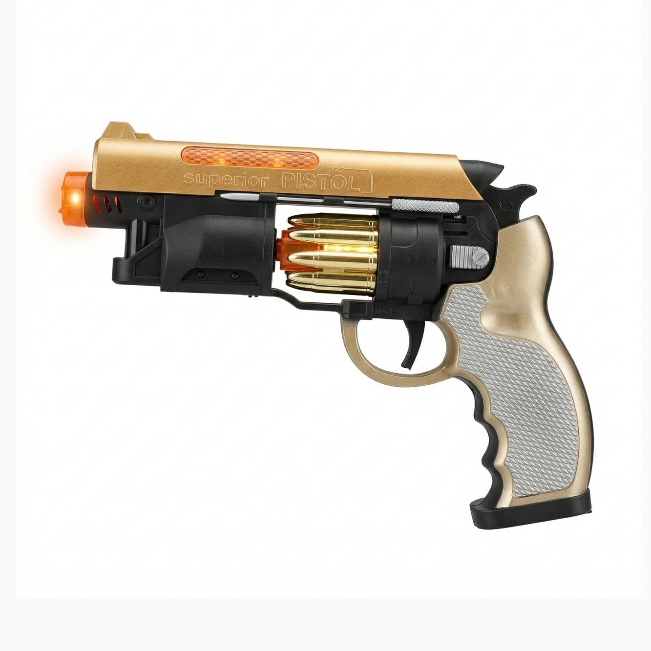 Pistol jucarie electric 23 cm, auriu cu lumini si sunet, model revolver