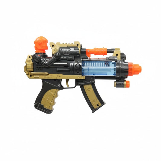 Pistol jucarie electric 26.5 cm cu lumini si sunet, model negru-auriu