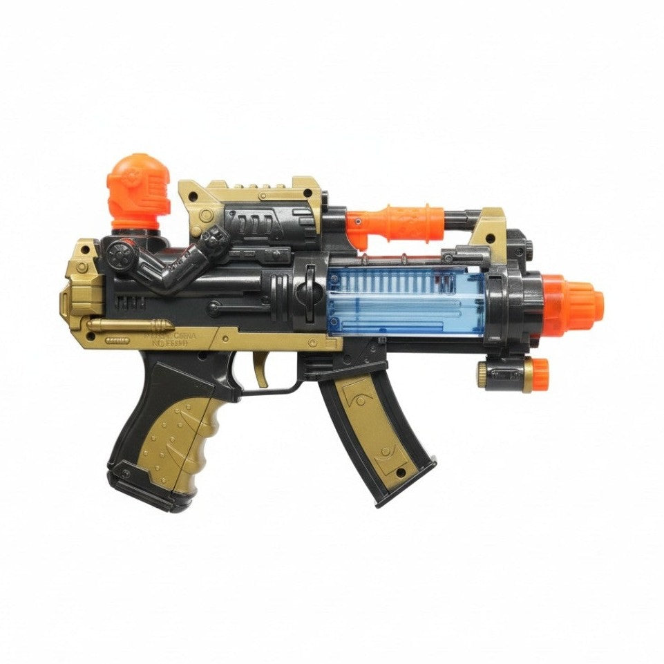 Pistol jucarie electric 26.5 cm cu lumini si sunet, model negru-auriu
