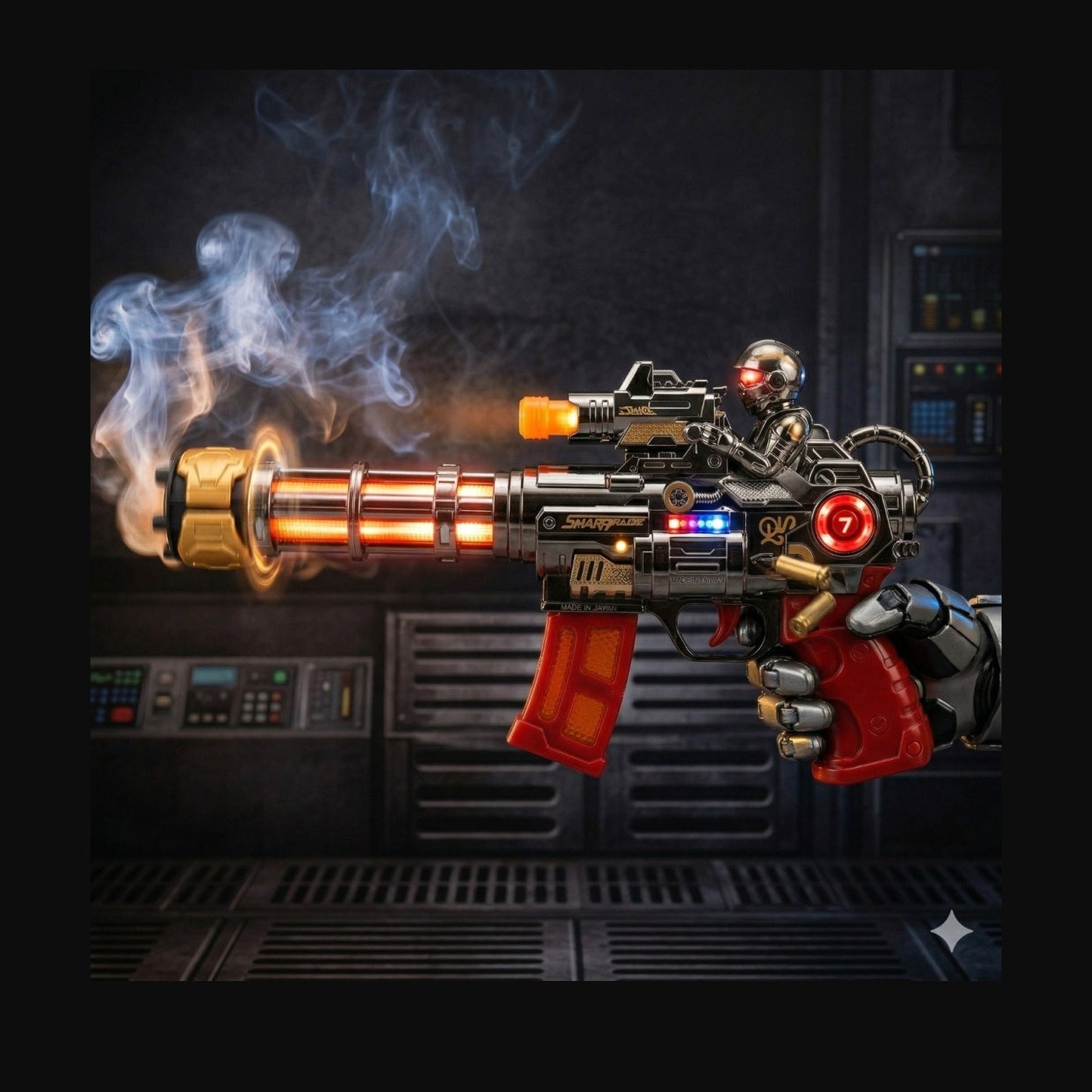 Pistol jucarie electric, 30 cm cu lumini, sunet si efect abur, model futuristic rosu