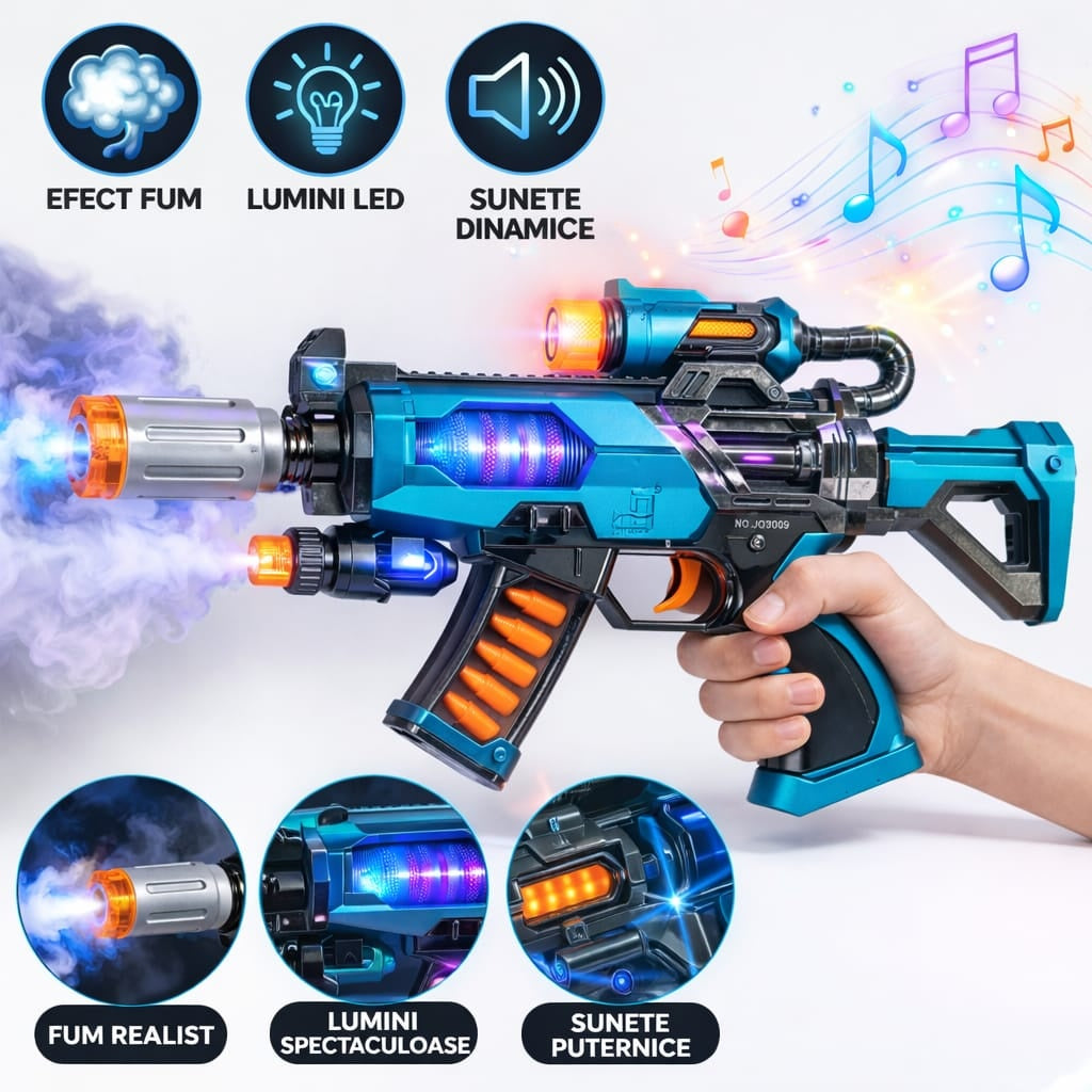 Pistol jucarie electric cu efect fum, lumini LED si sunete, model futuristic albastru