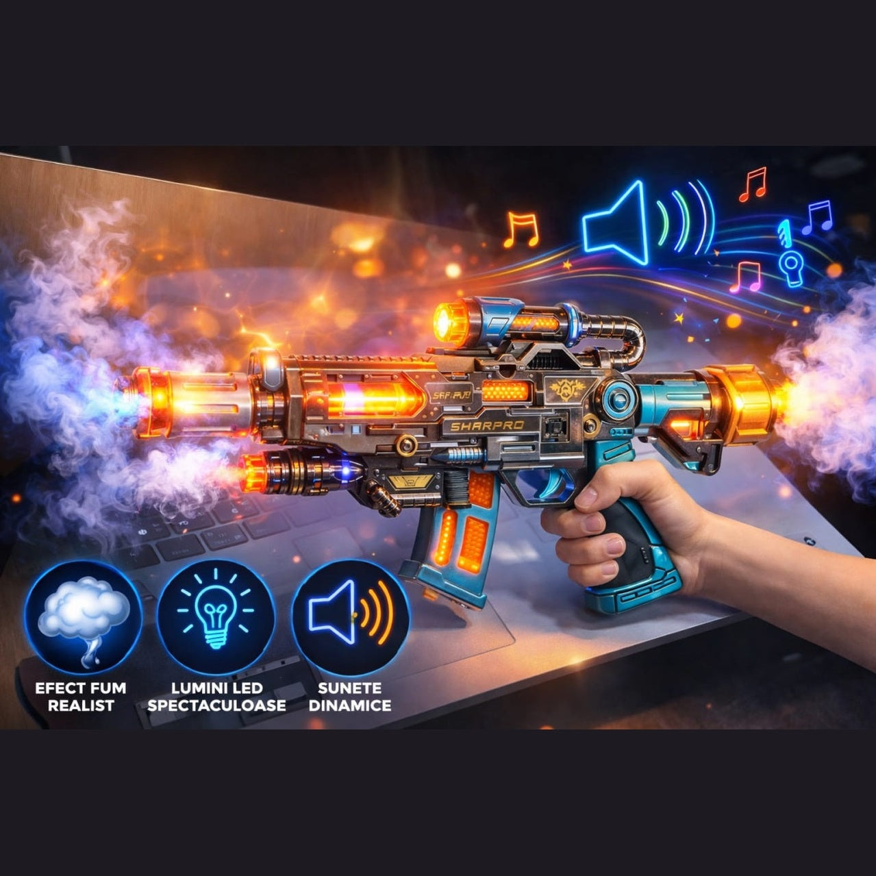 Pistol jucarie electric cu efect fum, lumini LED si sunete, model futuristic premium albastru-negru
