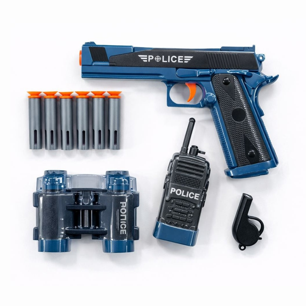 Pistol jucarie politist albastru, 19 cm soft gun cu accesorii si gloante cu ventuza