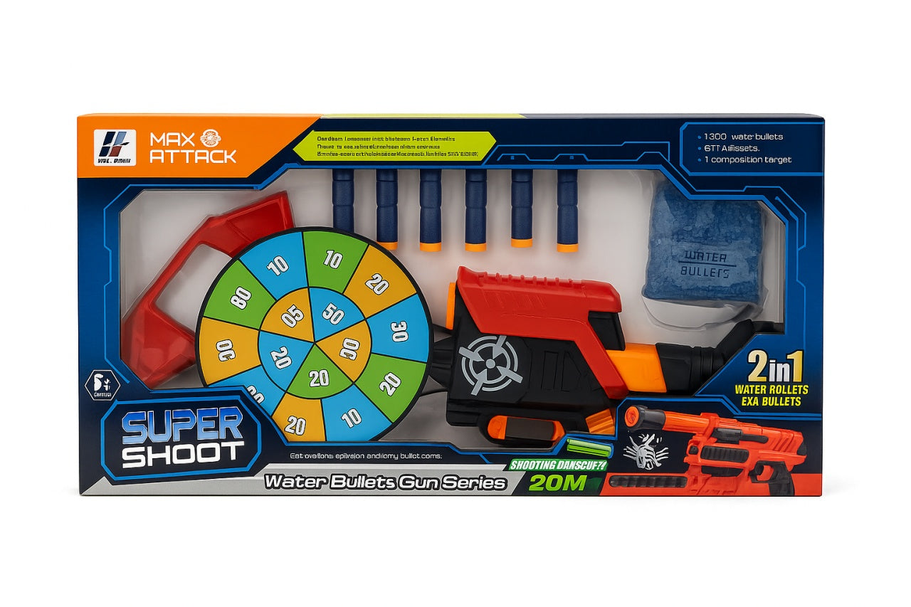 Pistol Jucarie Super Shoot 2in1 cu Tinta, Bile cu Apa si Darts , Set complet