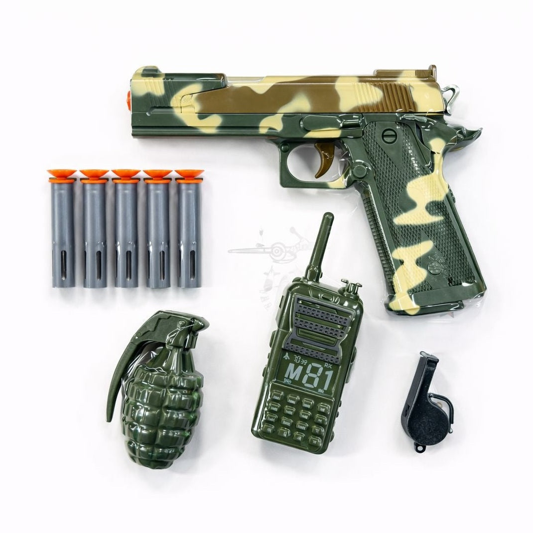 Pistol jucarie tip militar verde 19 cm, soft gun cu accesorii si gloante cu ventuze