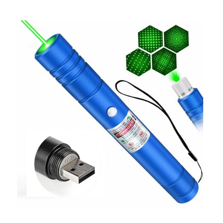Pointer laser verde reincarcabil USB cu cap interschimbabil, culori mixte
